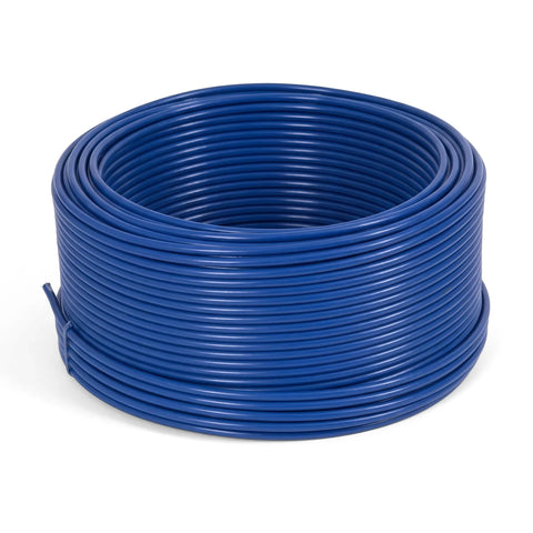 Blue PVC-coated steel cable coiled for storage and transport, with a diameter of 4.0x5.6mm.