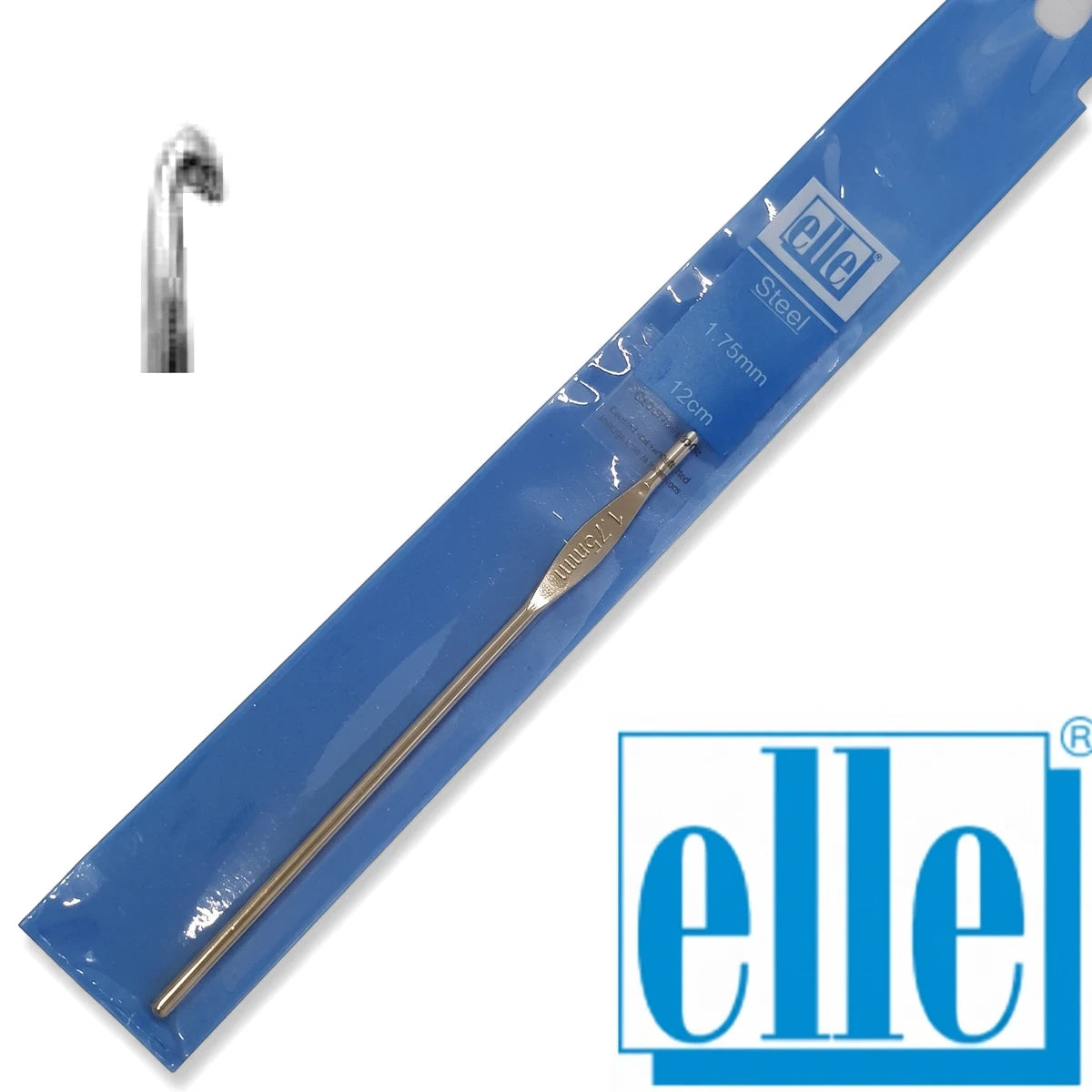 Steel Crochet Hooks, 1.75mm, 12cm, in blue plastic packaging showing the hook and brand logo.
