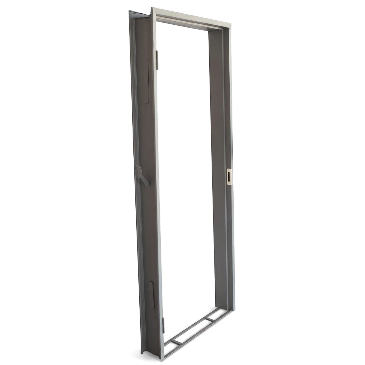 Steel door frame in dark gray metal with integrated hinges and strike plate for secure installation.