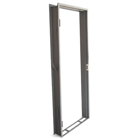Steel door frame in dark gray metal with integrated hinges and strike plate for secure installation.