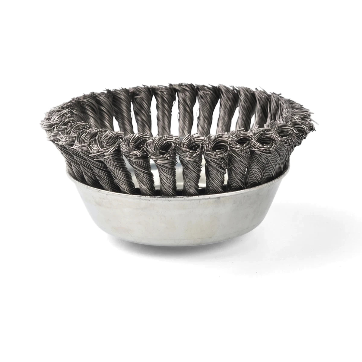 Steel knotted wire cup brush, 150mm with 0.50mm wire, featuring a durable metal cup design for surface preparation.