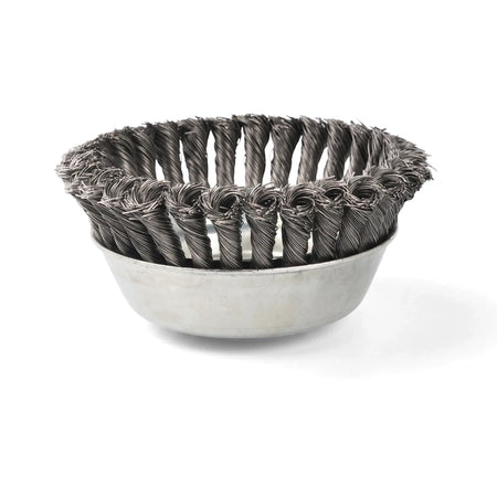 Steel knotted wire cup brush, 150mm with 0.50mm wire, featuring a durable metal cup design for surface preparation.