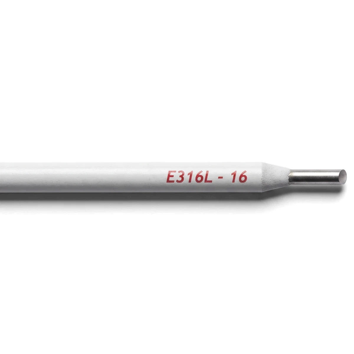 A single steel welding rod, AWS E316L-16, with a white coating and metallic tip, shown horizontally.