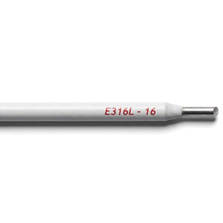 A single steel welding rod, AWS E316L-16, with a white coating and metallic tip, shown horizontally.