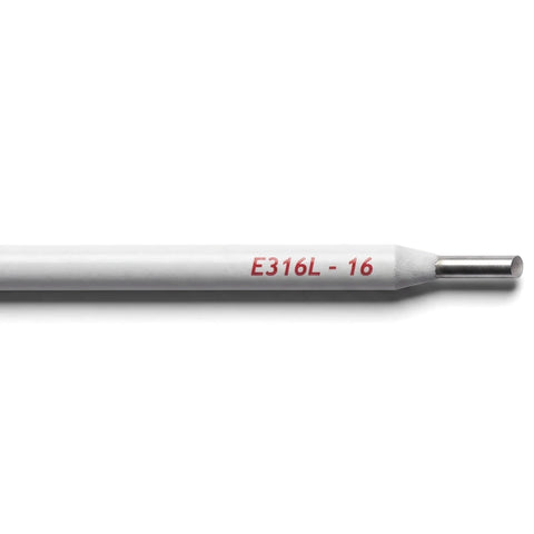 A single steel welding rod, AWS E316L-16, with a white coating and metallic tip, shown horizontally.