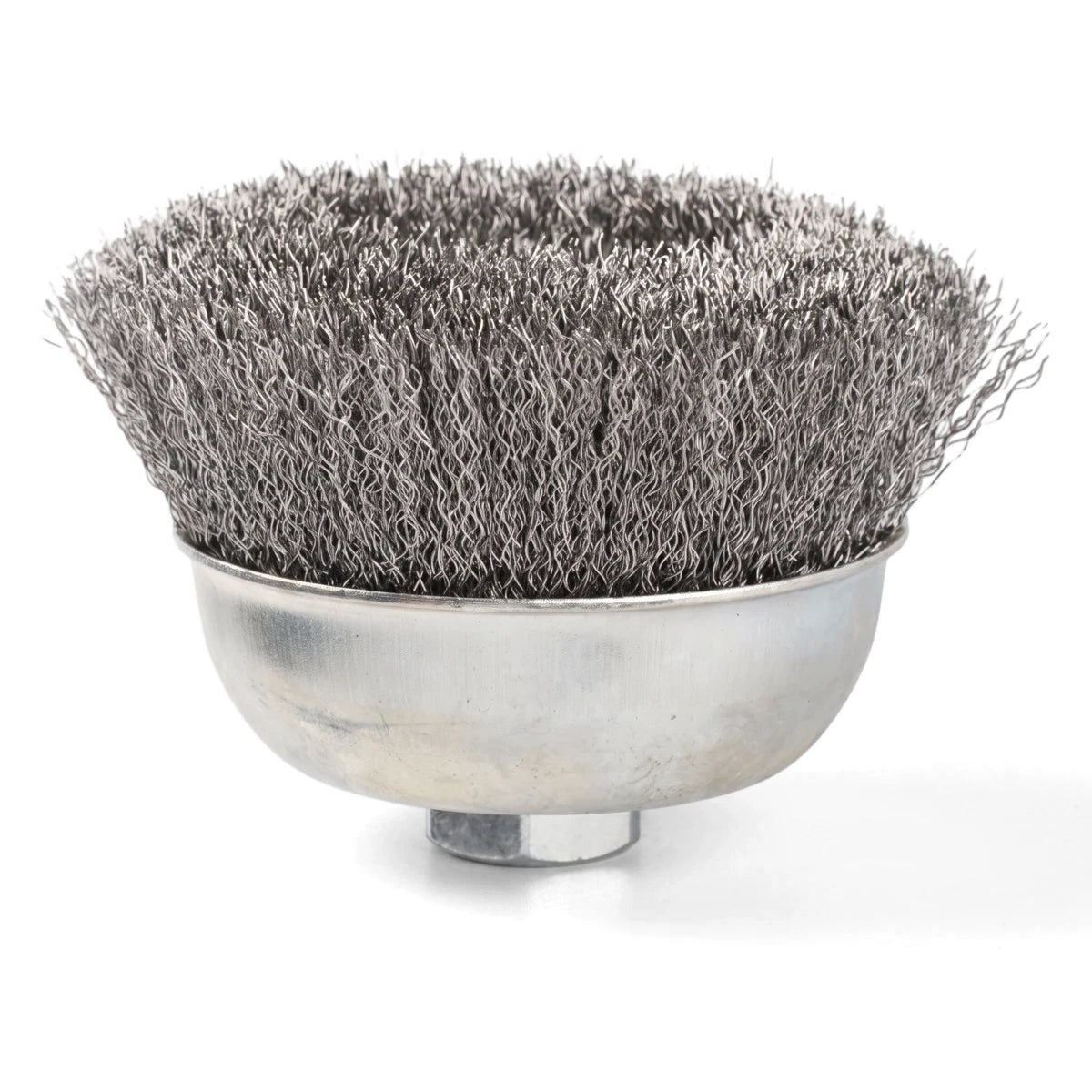 A silver Steel Wire Cup Brush, 150mm, with fine 0.35mm steel wires for abrasive cleaning, shown against a white background.