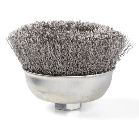 A silver Steel Wire Cup Brush, 150mm, with fine 0.35mm steel wires for abrasive cleaning, shown against a white background.
