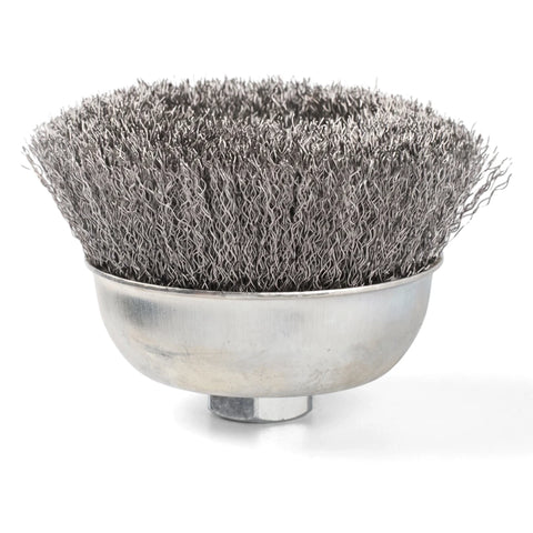 A silver Steel Wire Cup Brush, 150mm, with fine 0.35mm steel wires for abrasive cleaning, shown against a white background.