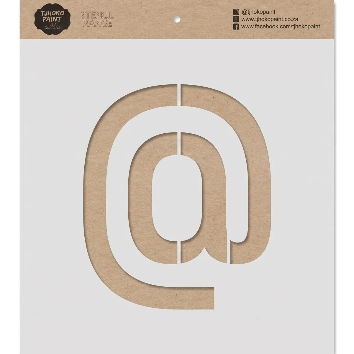 Brown kraft paper paint stencil with a large @ symbol design. Features brand logo and social media information. Suitable for