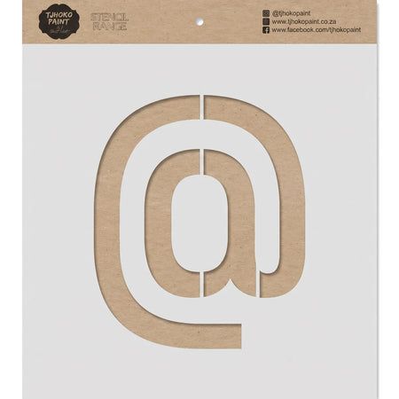 Brown kraft paper paint stencil with a large @ symbol design. Features brand logo and social media information. Suitable for