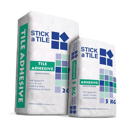 Two white bags of Stick A Tile Cement-Based Tile Adhesive, one 20kg and one 5kg, featuring green and blue branding.