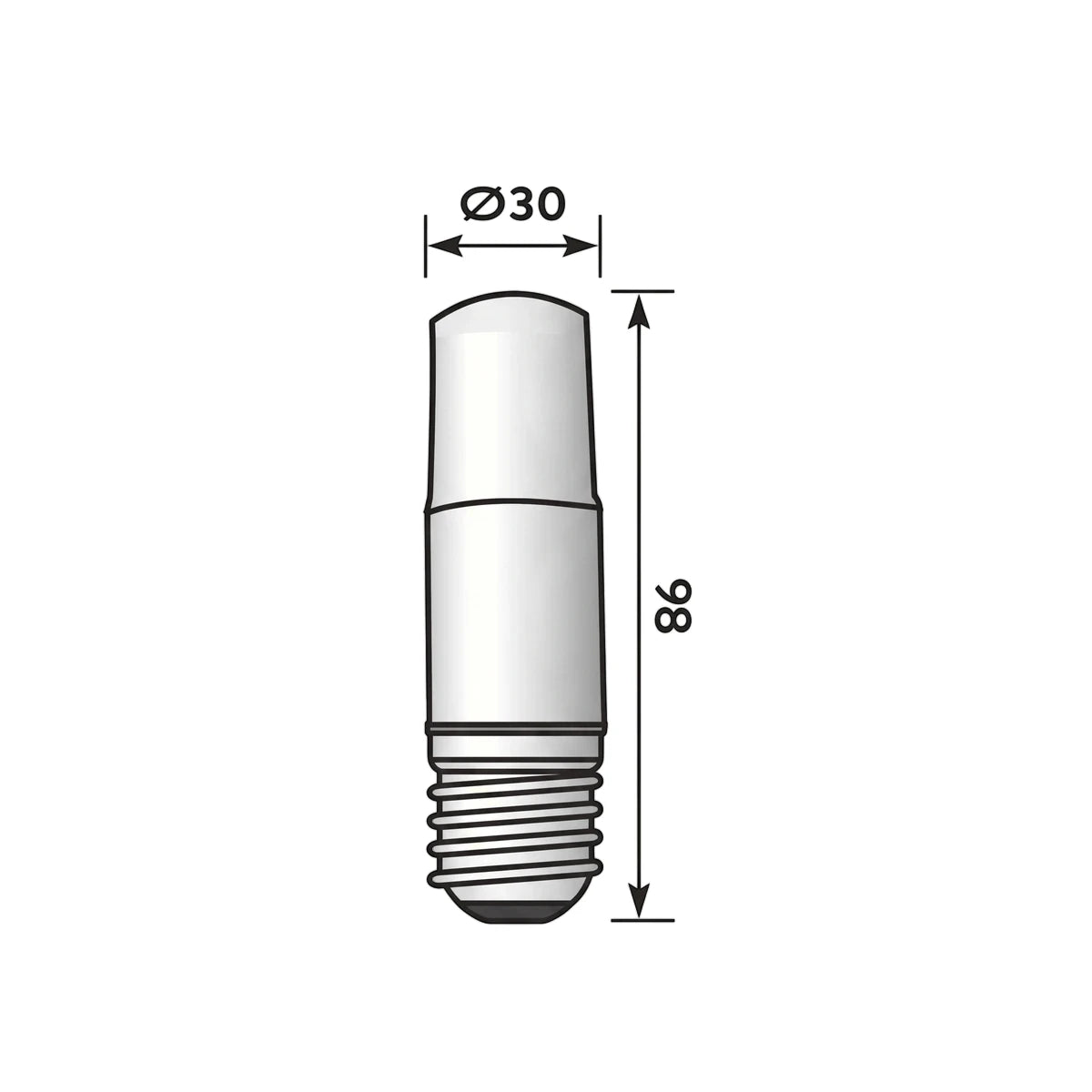 A line drawing of a frosted stick LED bulb with an E27 base, showing technical dimensions of 30mm diameter and 98mm length.