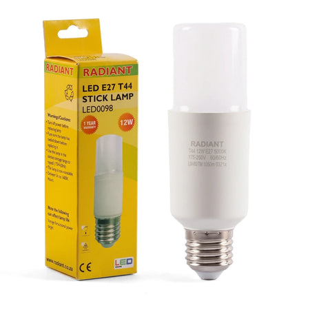 Frosted T44 E27 12W LED stick lamp in white, shown next to its yellow retail packaging.