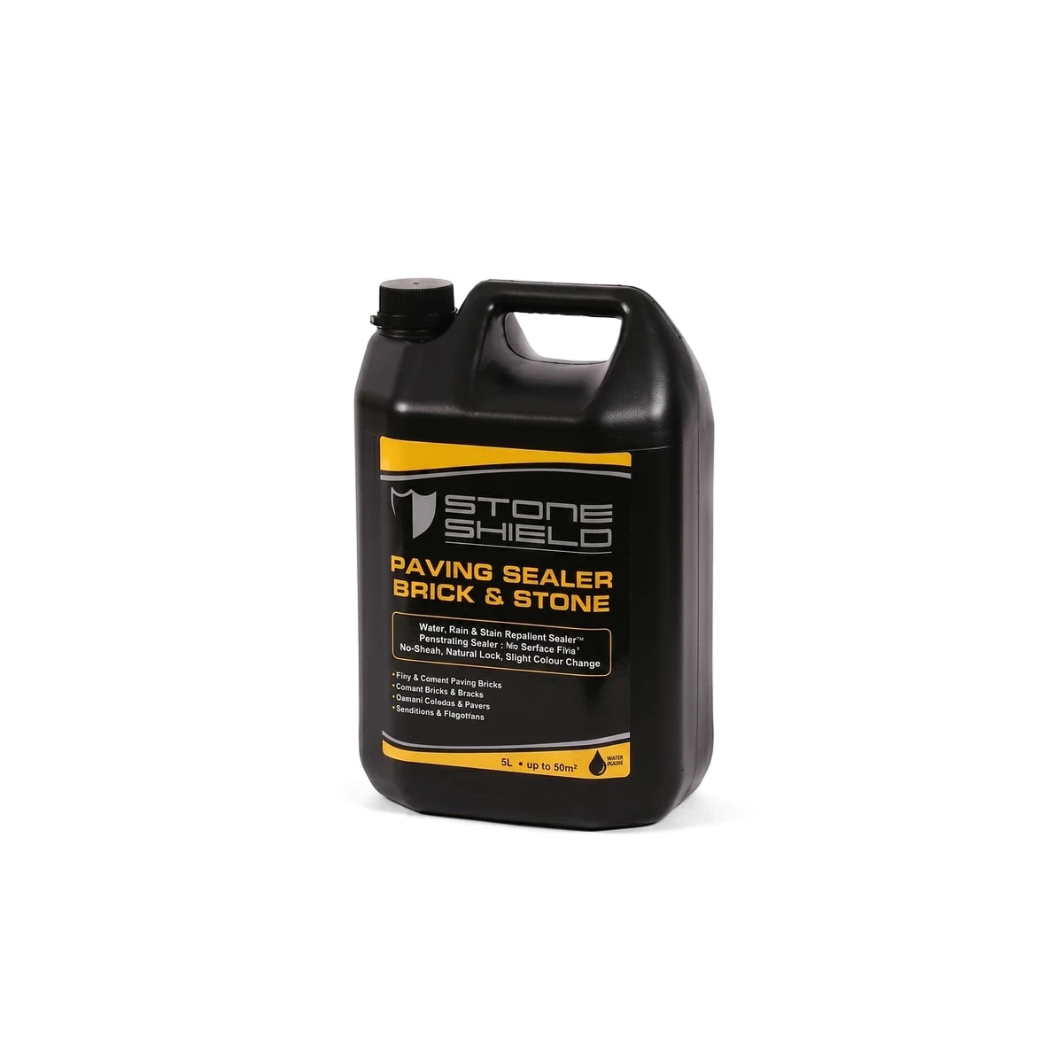 Black plastic jug of Stone Shield 5L Brick & Stone Paving Sealer, a water and stain repellent for outdoor surfaces.