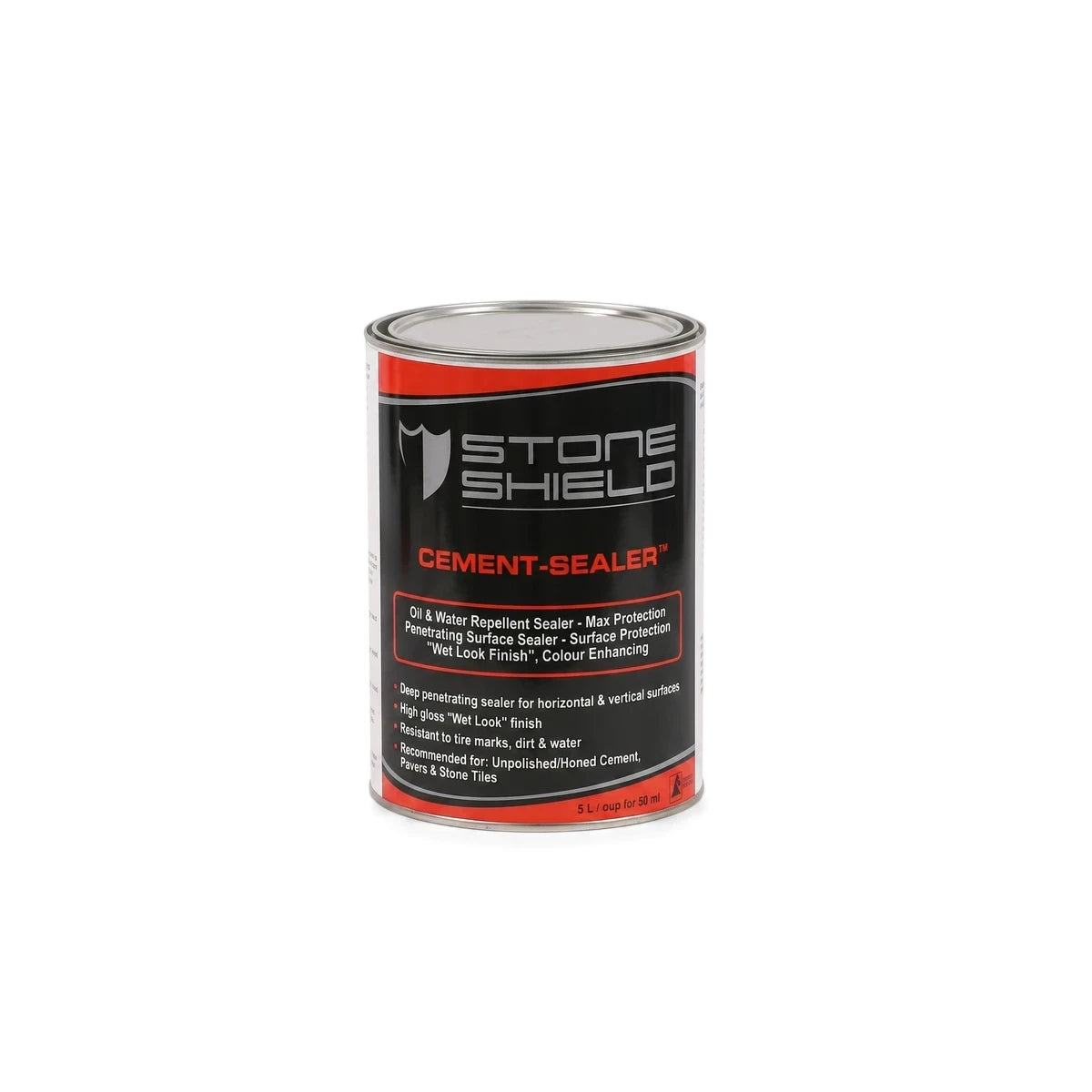 Stone Shield Cement Sealer in a metal can with a red and black label, designed as an oil and water repellent for floors.