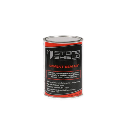 Stone Shield Cement Sealer in a metal can with a red and black label, designed as an oil and water repellent for floors.