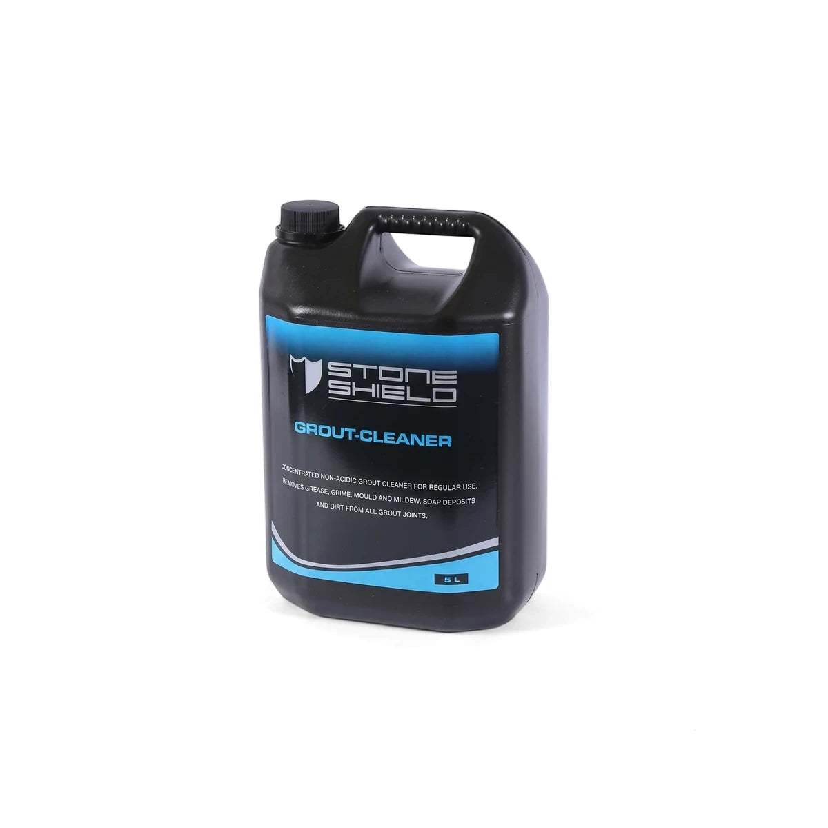 Black 5-liter Stone Shield Grout Cleaner jug with a blue label for deep cleaning applications.