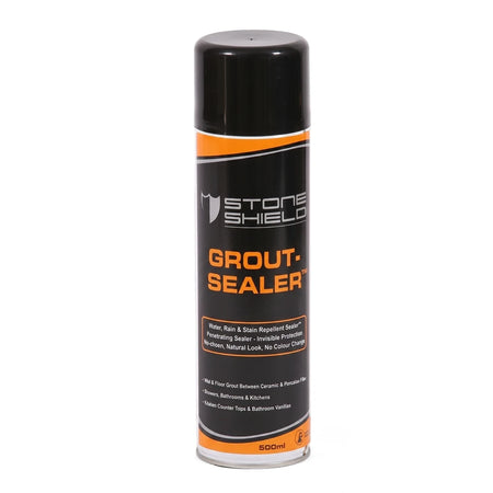 Black and orange Stone Shield Grout Sealer 500ml aerosol can for water, rain, and stain repellency.