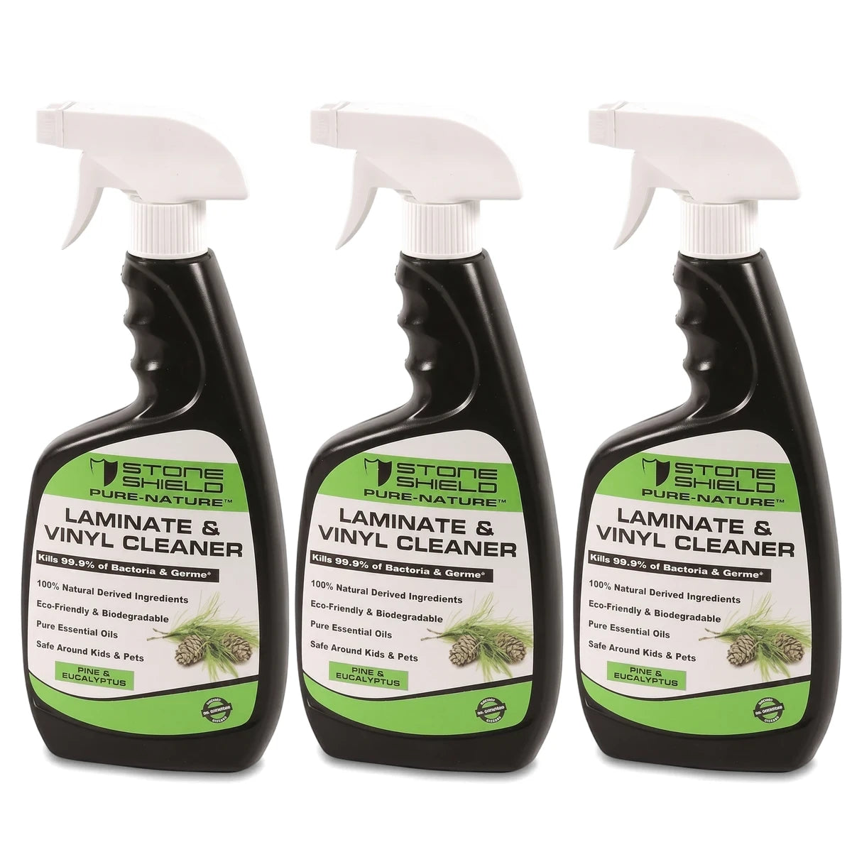 Three black spray bottles of Stone Shield Pure-Nature Laminate & Vinyl Cleaner with pine & eucalyptus scent, eco-friendly