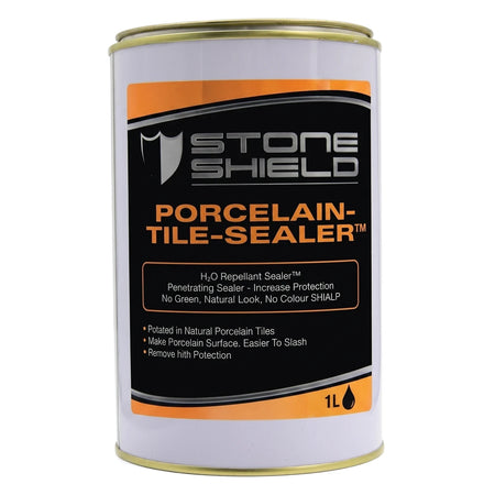 Stone Shield Porcelain-Tile-Sealer in a white and gold can with an orange and black label, 1 liter size