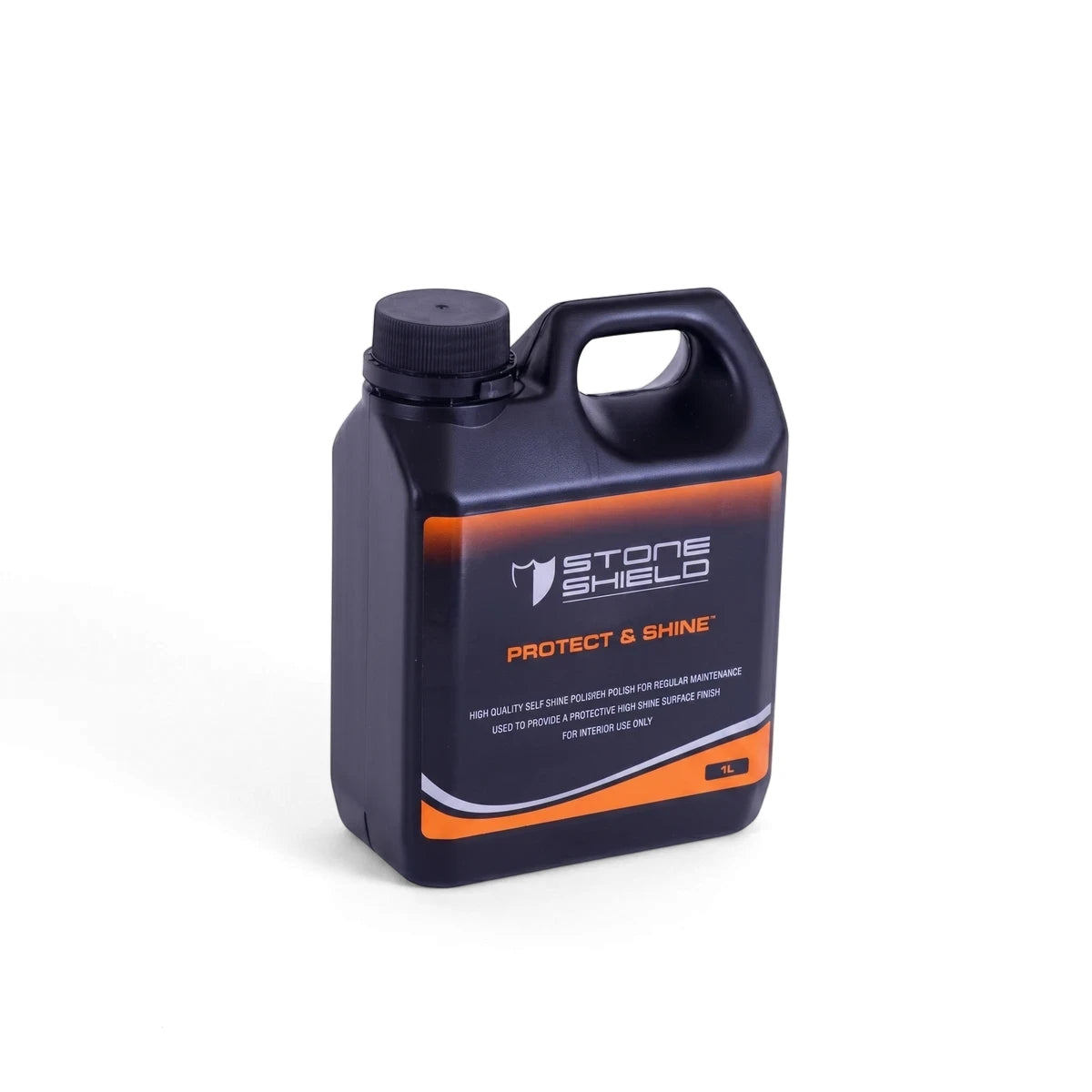 Black Stone Shield Protect & Shine 1L floor protector bottle with orange and white label, angled view.