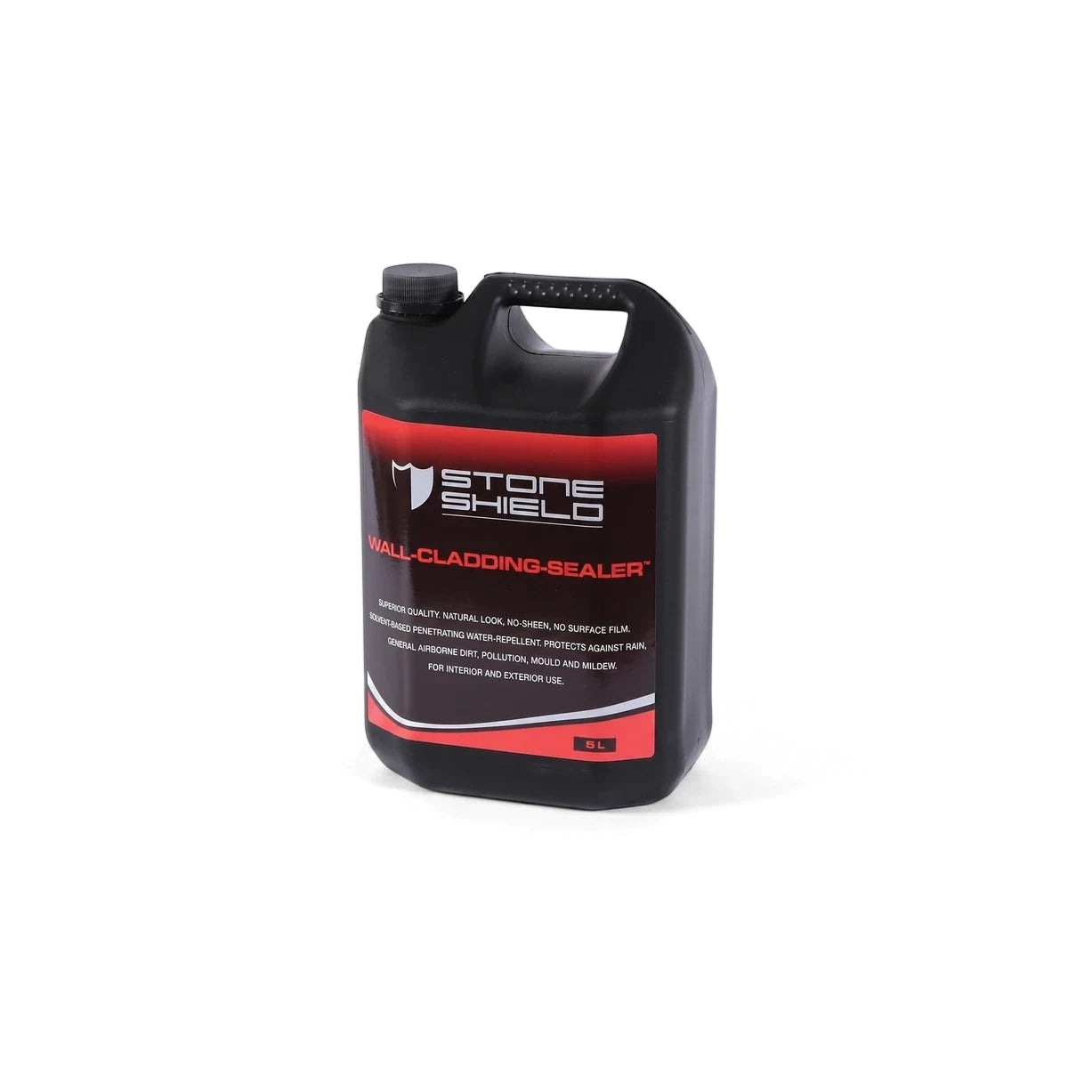 Black 5L Stone Shield Wall-Cladding Sealer bottle with a red and white label, designed for interior and exterior use.