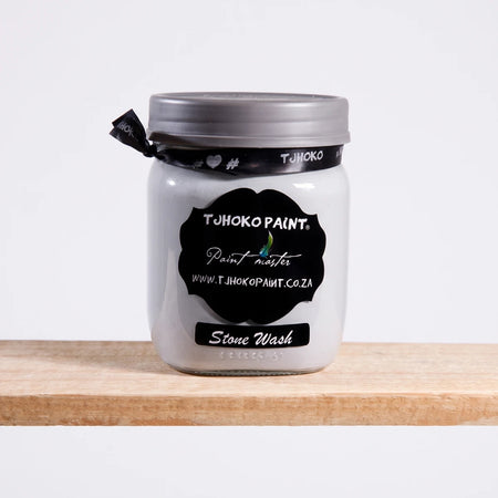 Stone Wash 500ml Chalk Paint in a white jar with black label and silver lid, front view container.