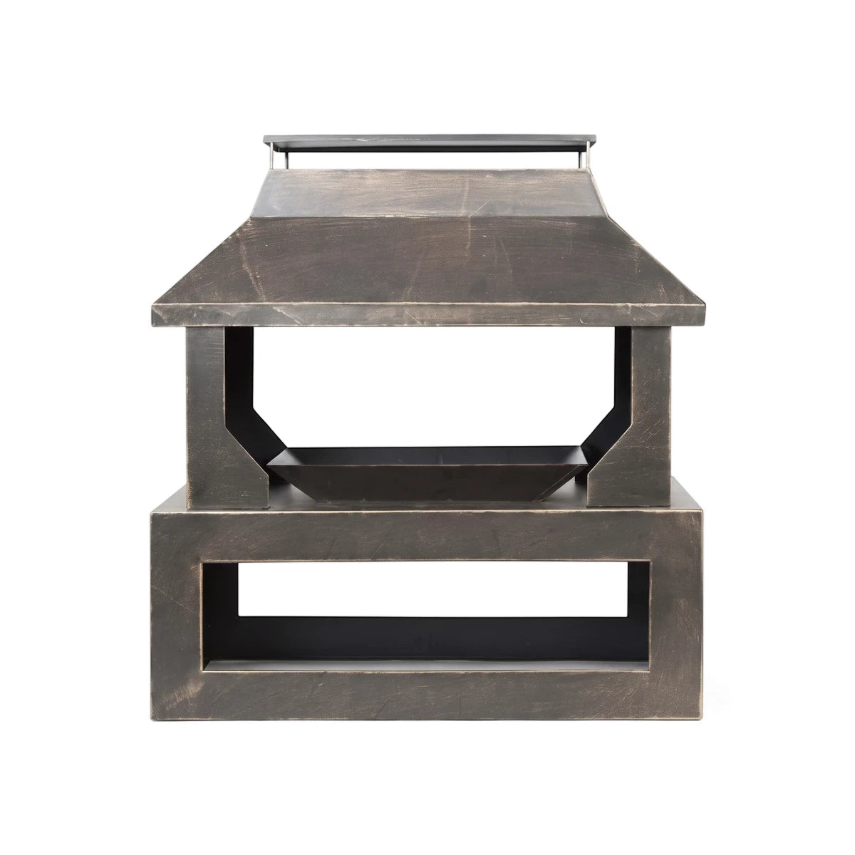 Dark Stonehurst Outdoor Fireplace, made of metal or stone, featuring a square base, open mid-section, and a pyramidal top.
