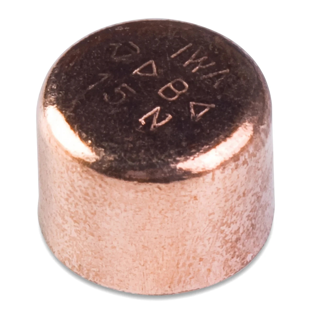 A single 22mm copper stopend, cylindrical in shape, viewed from an angled perspective showing its top and side.
