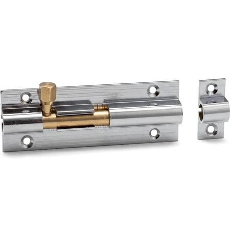 Chrome plated straight barrel bolt with brass pin, 100mm, shown horizontally with its vertical receiver.