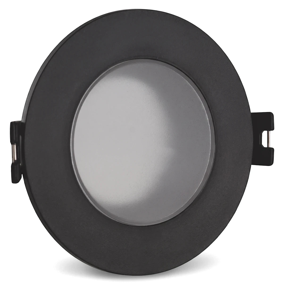 A straight black polycarbonate downlight with a clear cover and an IP65 rating, viewed from the front, showcasing its round