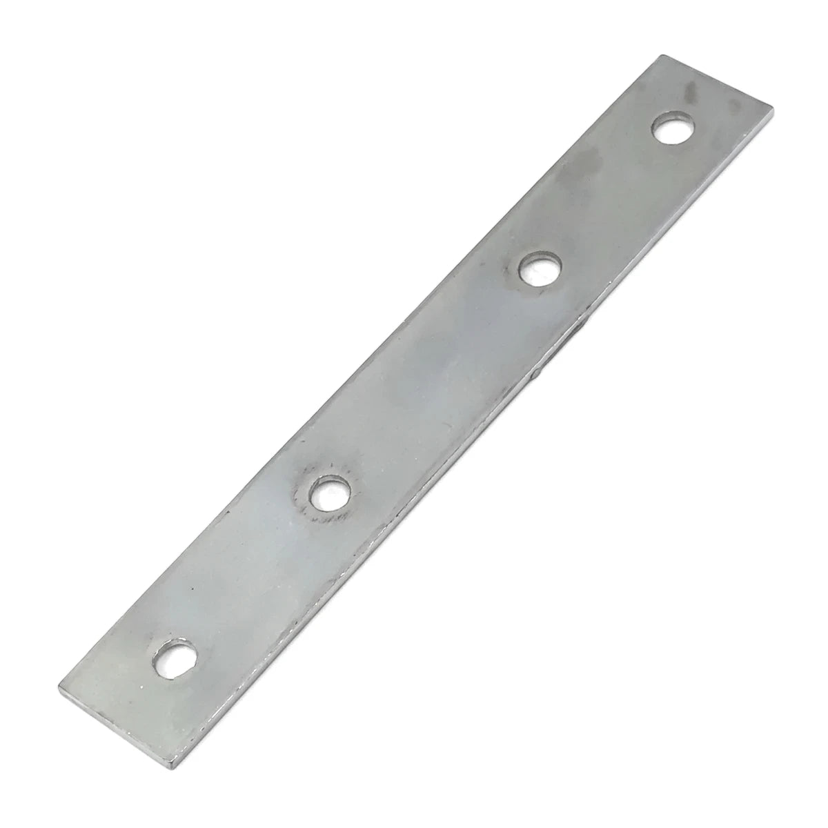 Silver metallic straight brace mend plate, 100mm, with four screw holes, shown angled on a white background.