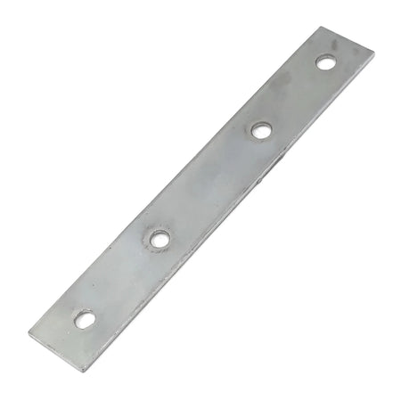 Silver metallic straight brace mend plate, 100mm, with four screw holes, shown angled on a white background.