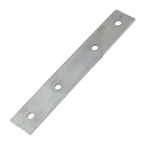 Silver metallic straight brace mend plate, 100mm, with four screw holes, shown angled on a white background.