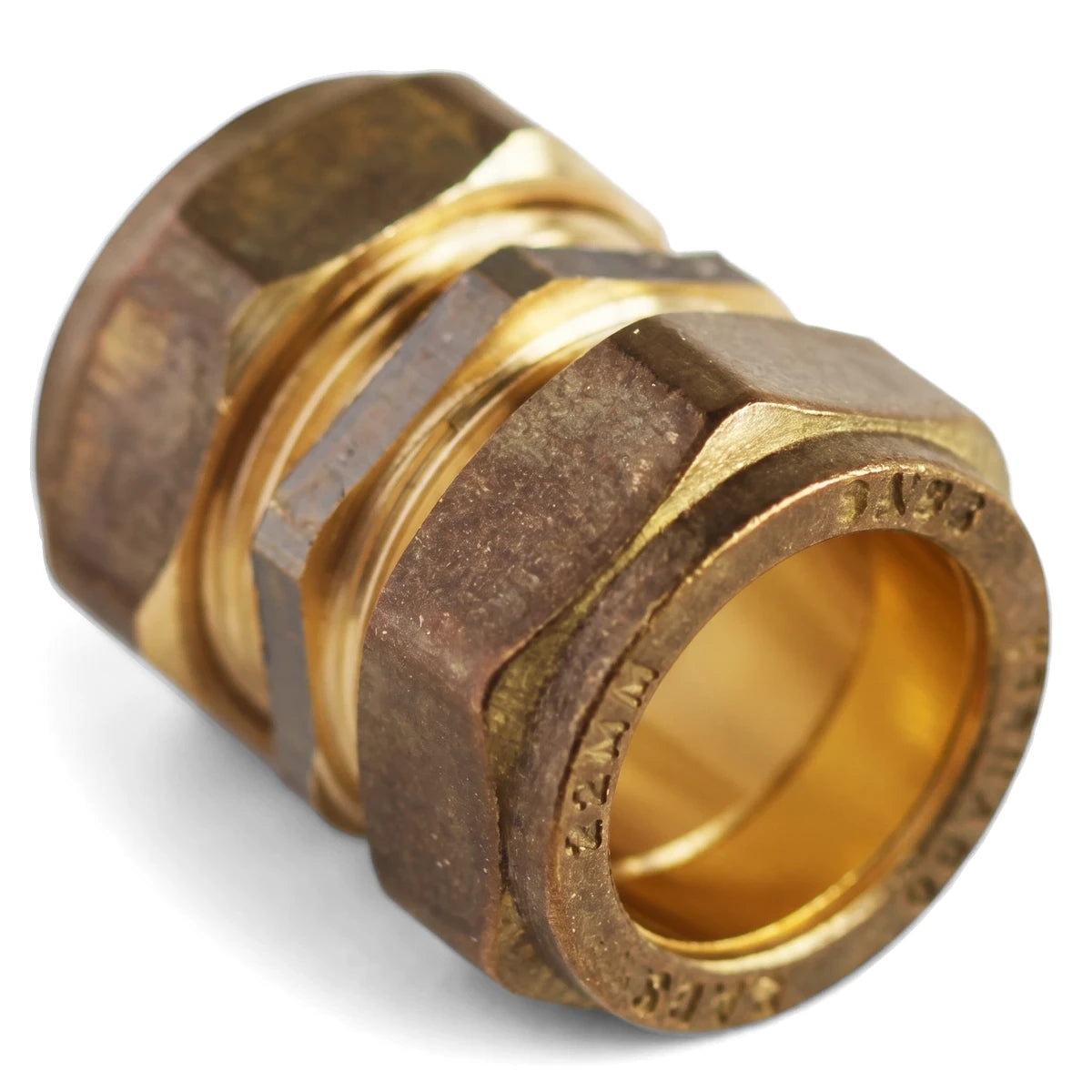 A brass 22mm straight CXC compression coupler plumbing fitting, viewed at an angle against a white background.