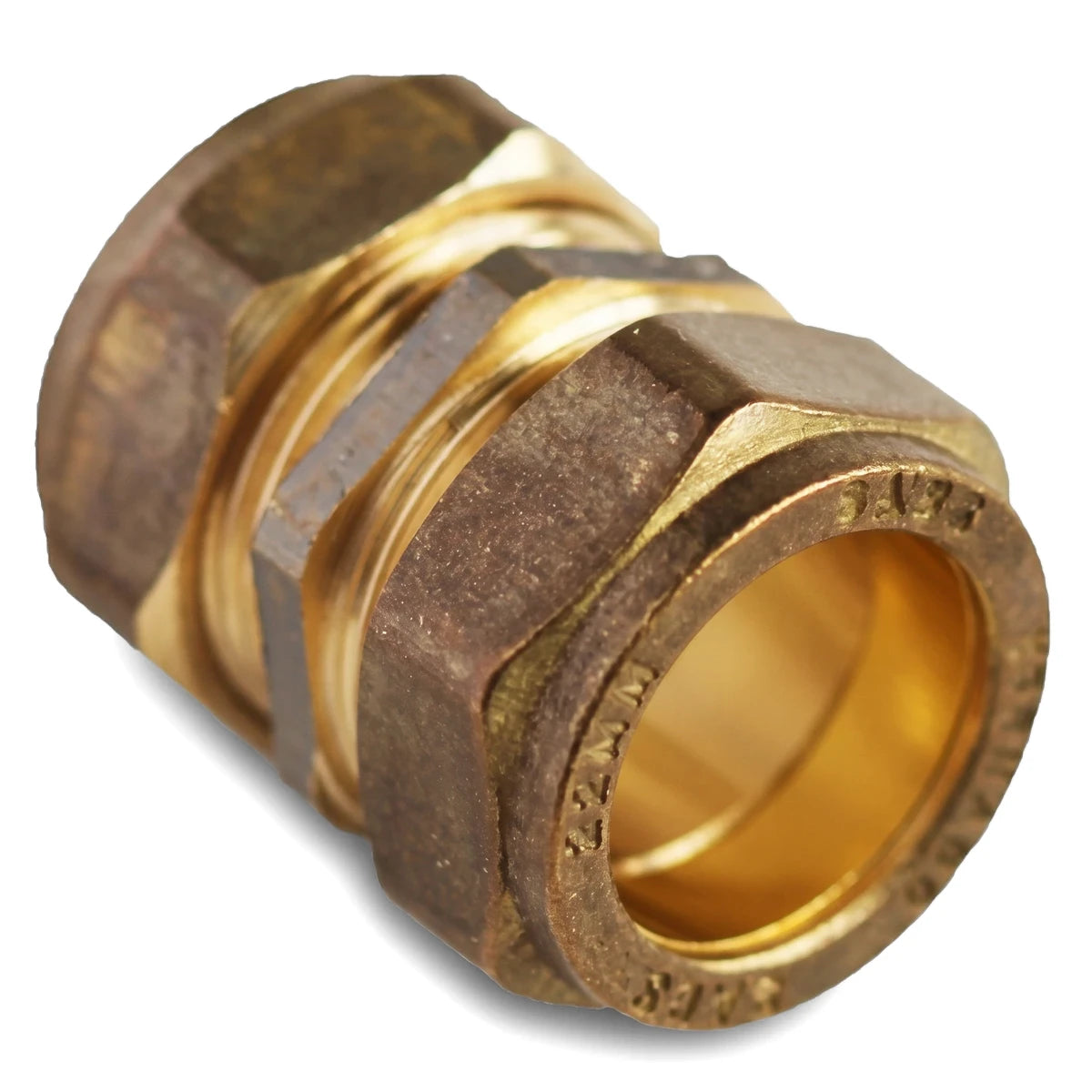 Brass straight CXC coupler with 22mm size marking, angled for a detailed view of its hexagonal nuts and pipe connection ends.