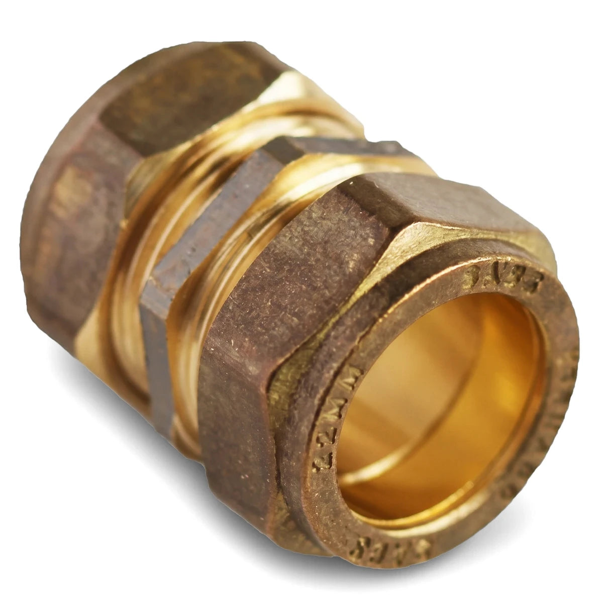 A brass straight CXC coupler, featuring hexagonal nuts and '22MM' markings, depicted at an angle on a white background.