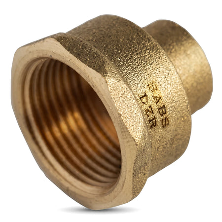 Brass straight CXFI coupler with internal threading, shown from an angled perspective, a common plumbing fitting.