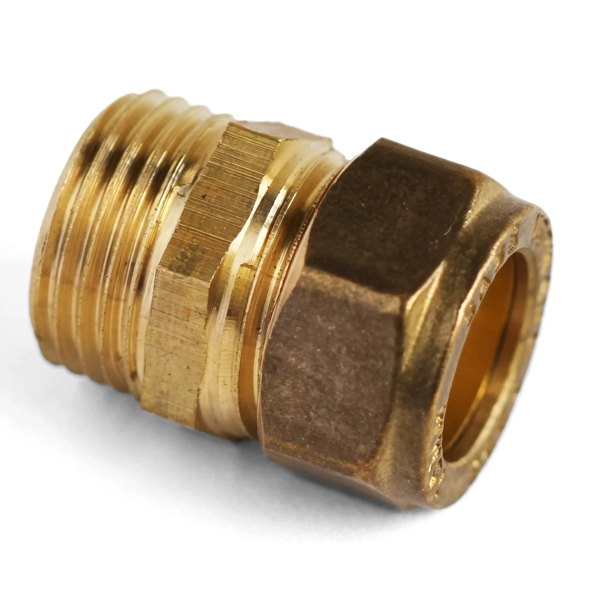 Brass straight CXMI coupler for plumbing connections, featuring a threaded male end and a compression fitting.