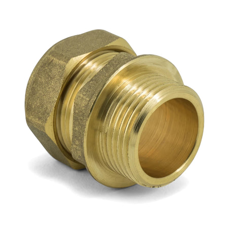 A shiny brass straight CXMI coupler with threaded ends, designed for plumbing and pipe fitting applications.