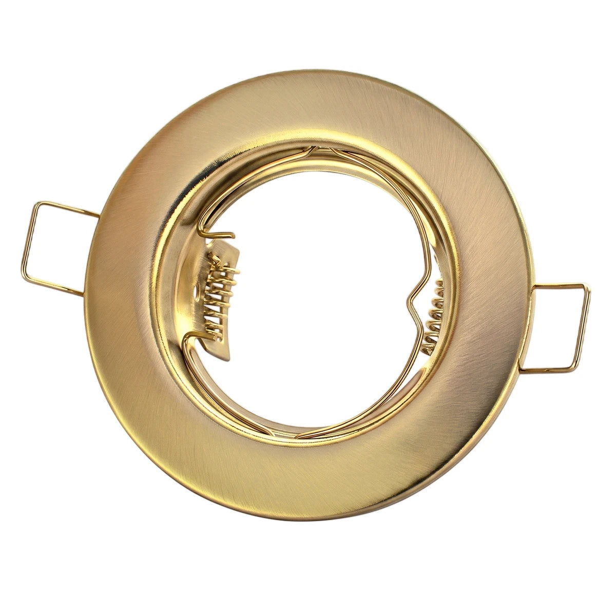 Straight gold satin pressed metal downlight fitting, designed without a lampholder, featuring a round frame and external