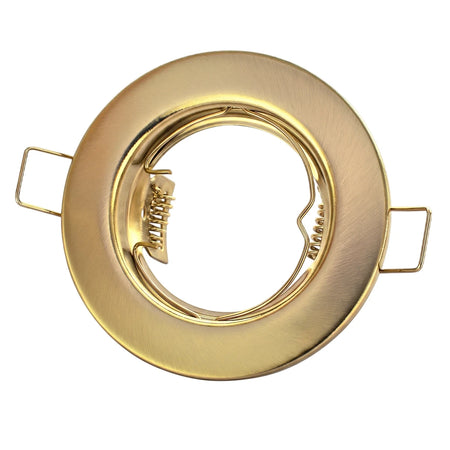 Straight gold satin pressed metal downlight fitting, designed without a lampholder, featuring a round frame and external