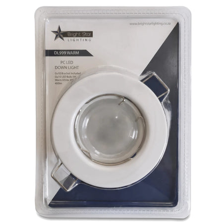 Straight Polycarbonate Downlight Kit Complete in clear blister packaging, featuring a white LED downlight.