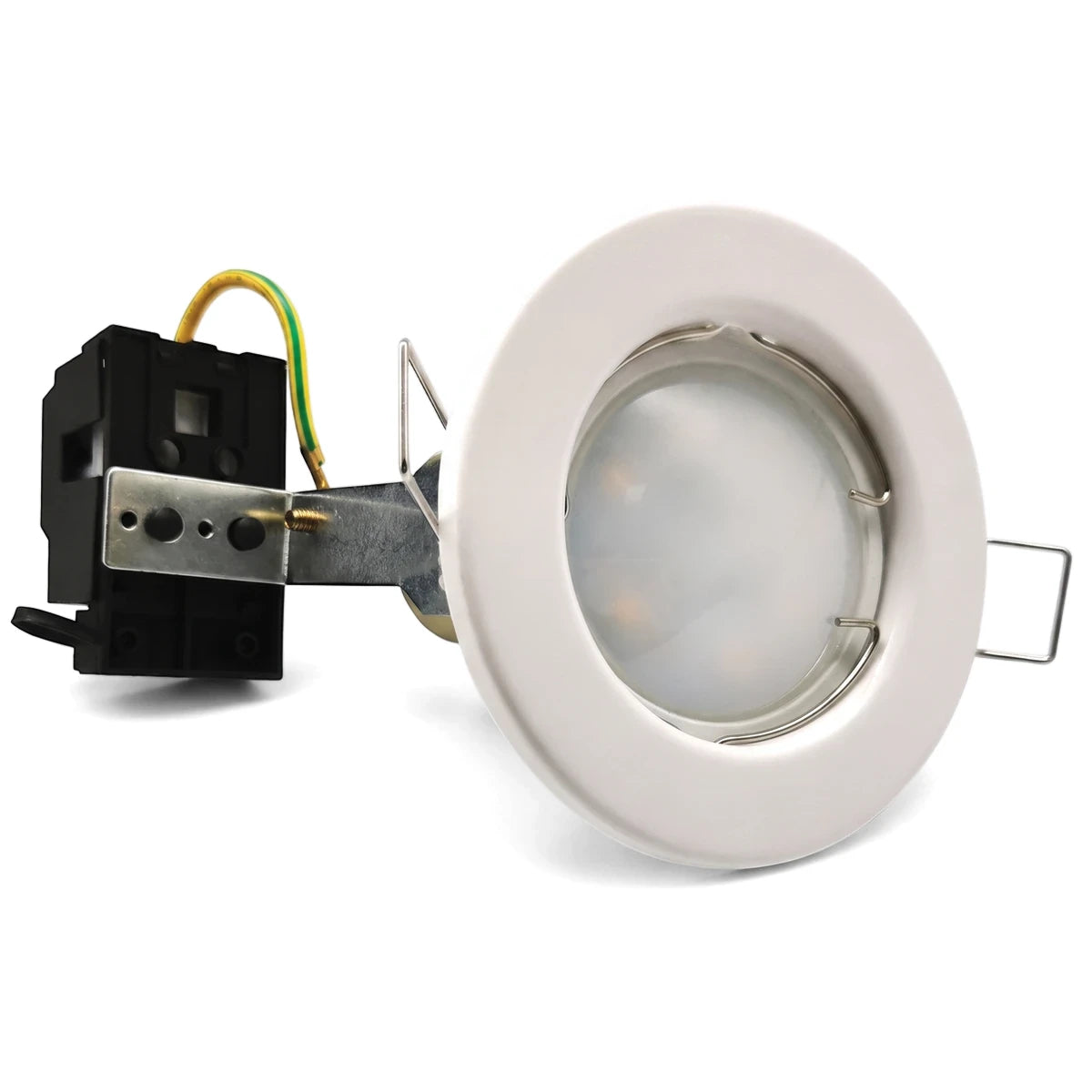 Straight polycarbonate downlight kit in white with attached black electrical components and yellow and green wiring, shown