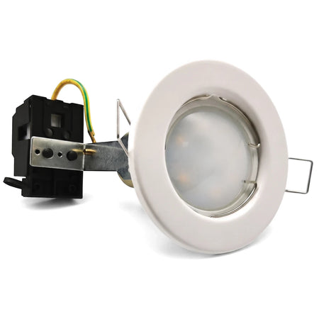 Straight polycarbonate downlight kit in white with attached black electrical components and yellow and green wiring, shown