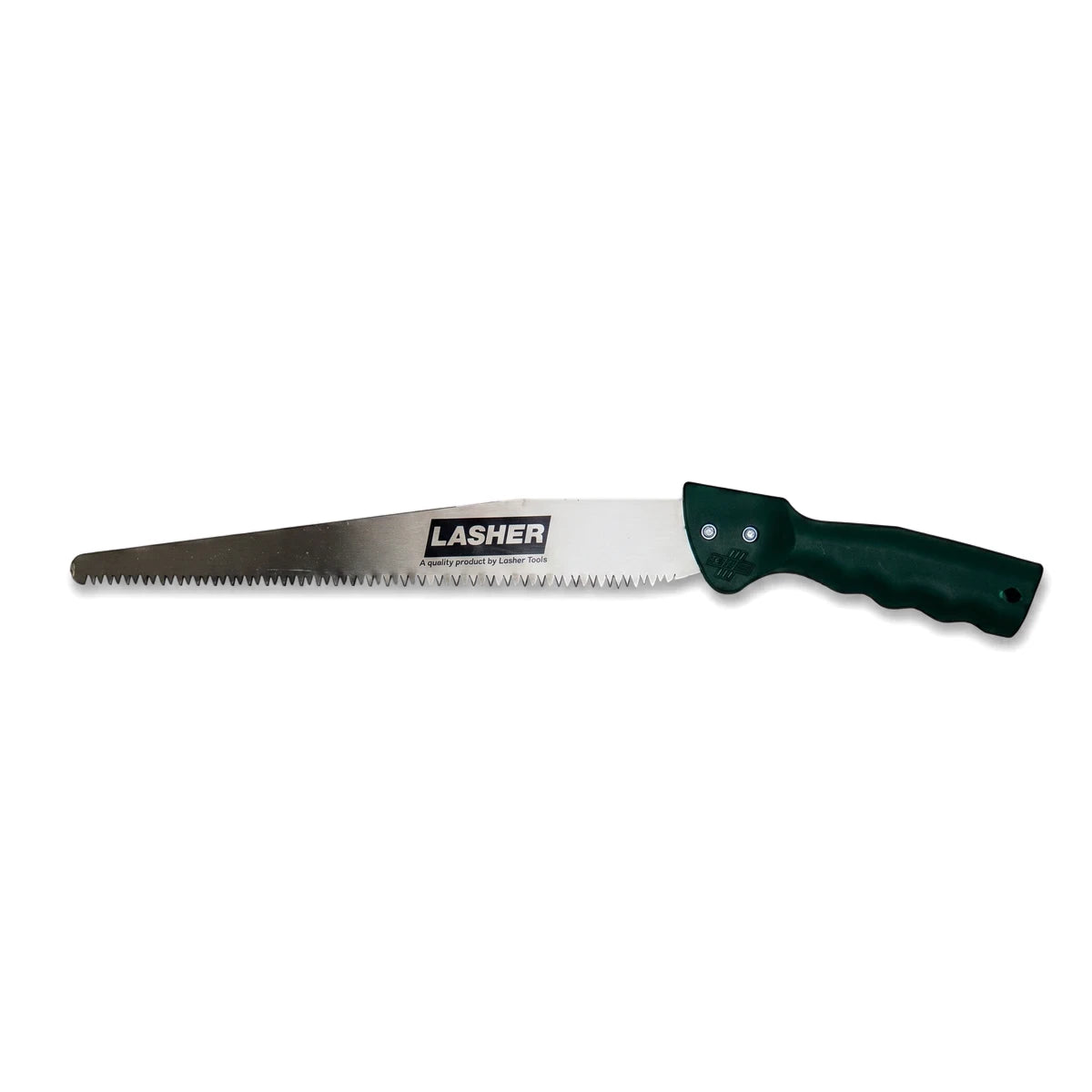 A straight pruning saw with a dark green ergonomic handle and a silver serrated blade, displayed horizontally against a