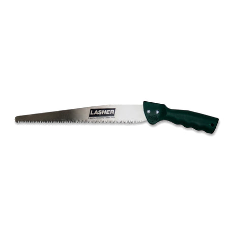 A straight pruning saw with a dark green ergonomic handle and a silver serrated blade, displayed horizontally against a