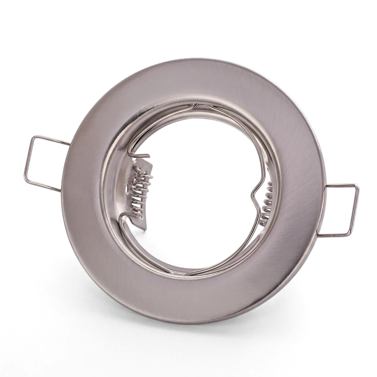 Straight satin pressed metal downlight fitting, silver colored, shown from a front view. Designed for recessed lighting