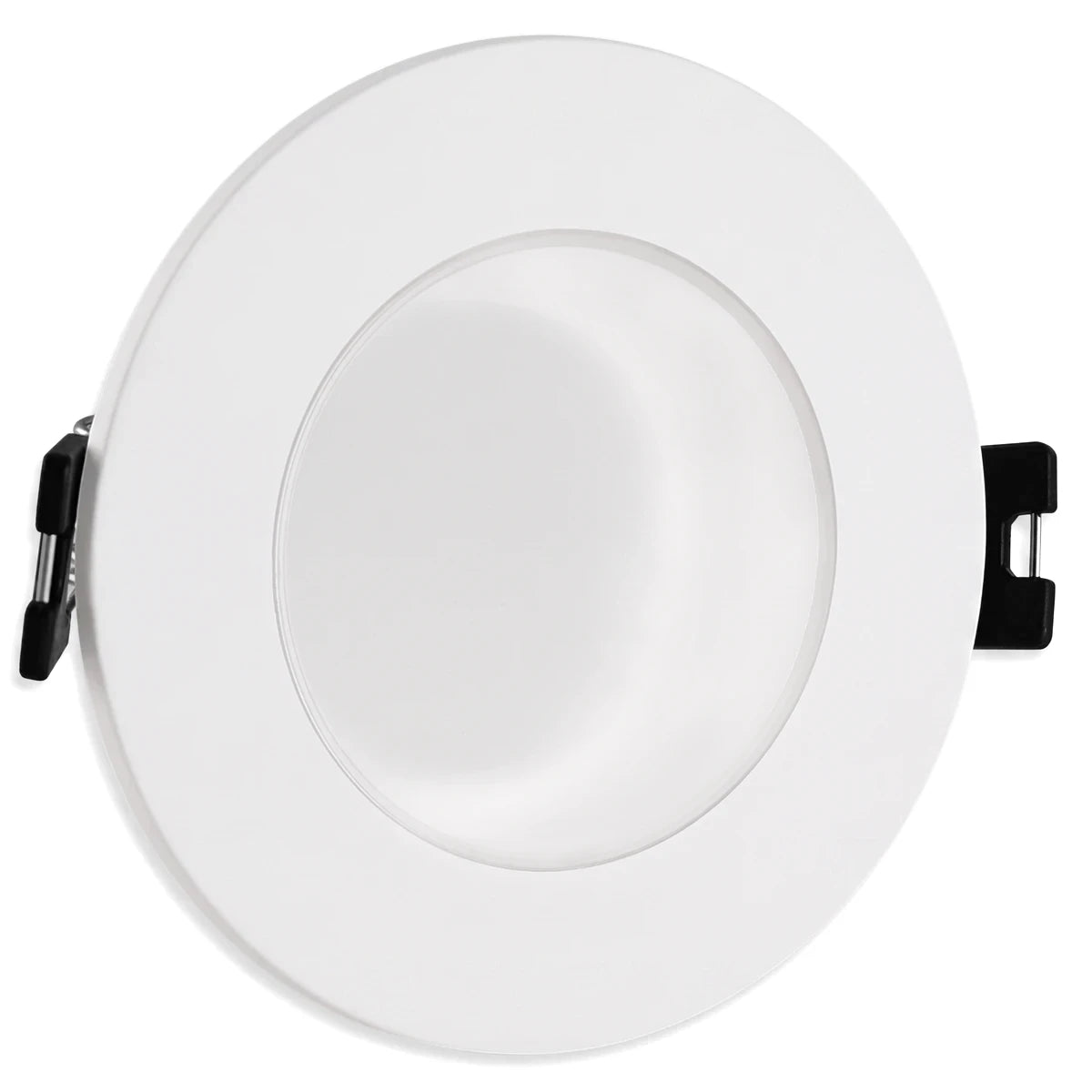 Straight white polycarbonate downlight with a clear cover, ideal for recessed lighting, viewed directly from the front.