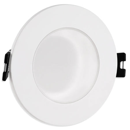 Straight white polycarbonate downlight with a clear cover, ideal for recessed lighting, viewed directly from the front.